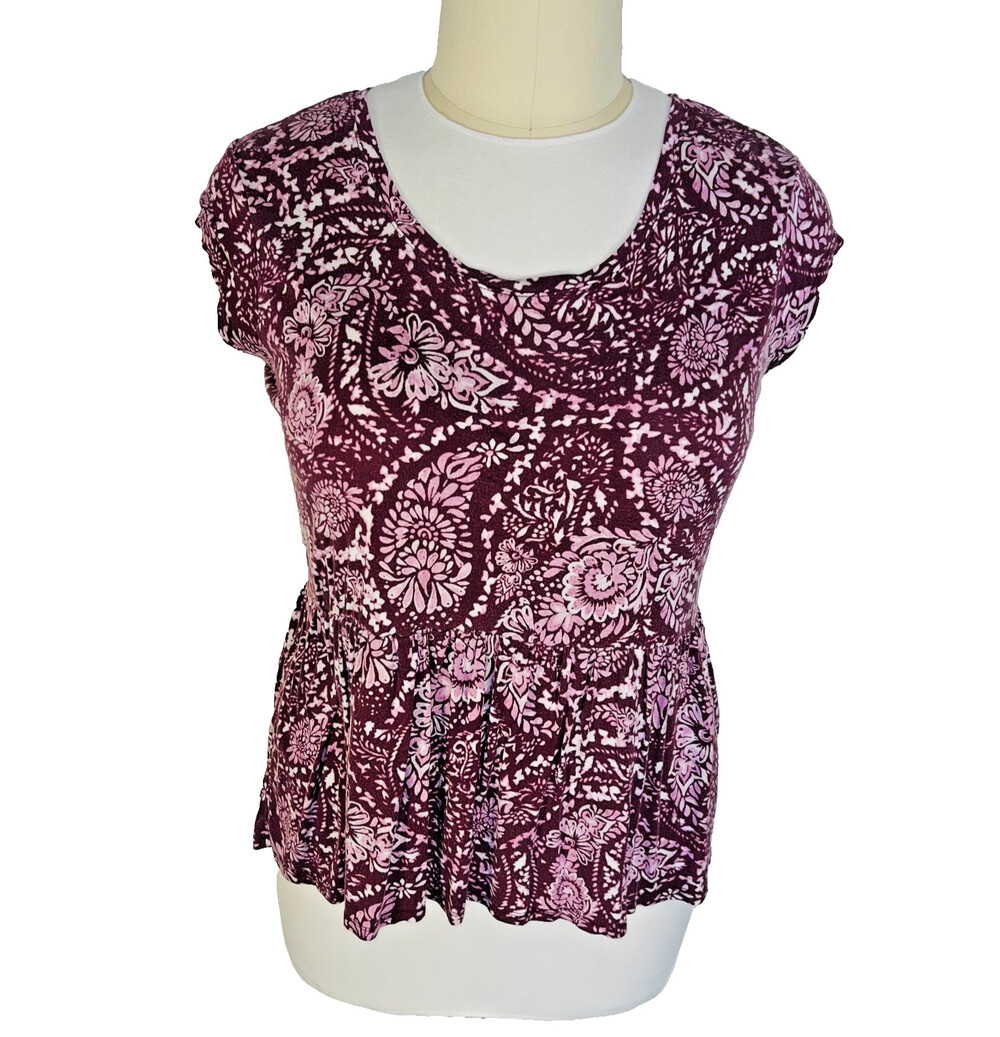 Faded Glory Top Womens XL Short Sleeve Blouse Burgundy Cottage Print Peplum Hem